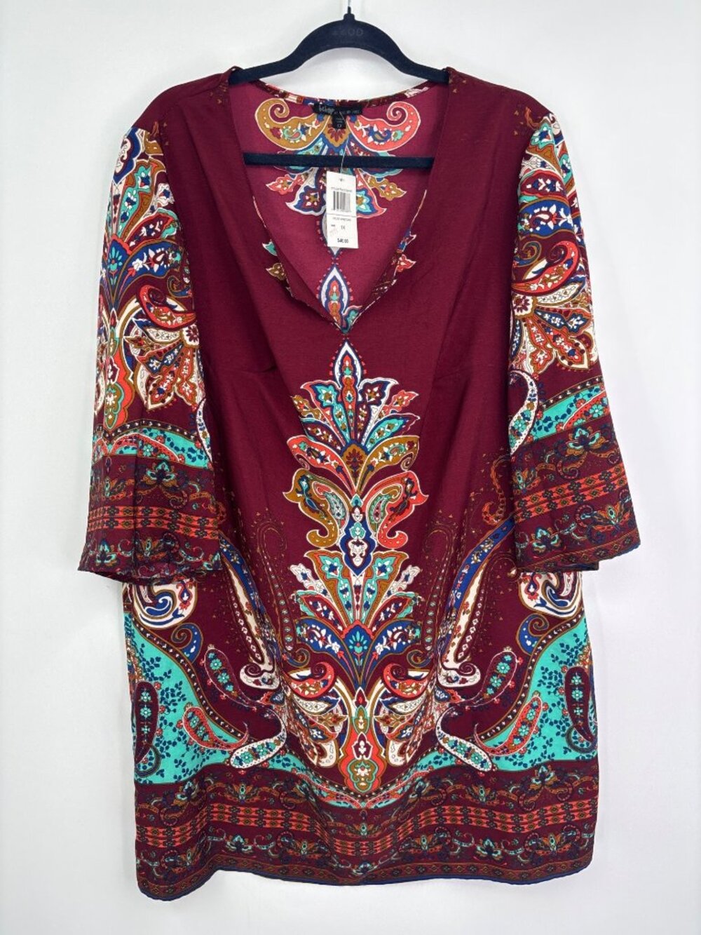 Bebop Boho Tribal Paisley Dress 3/4 Sleeve Burgundy 1X NEW